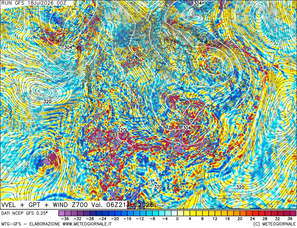 mappa 700 hPa Velocit&agrave; verticiali + GPT + Vento
