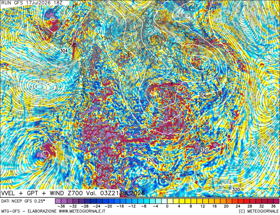 mappa 700 hPa Velocit&agrave; verticiali + GPT + Vento