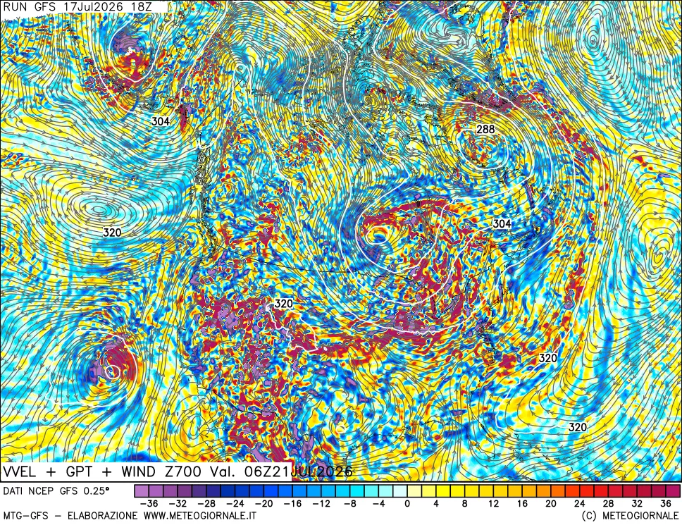 mappa 700 hPa Velocit&agrave; verticiali + GPT + Vento