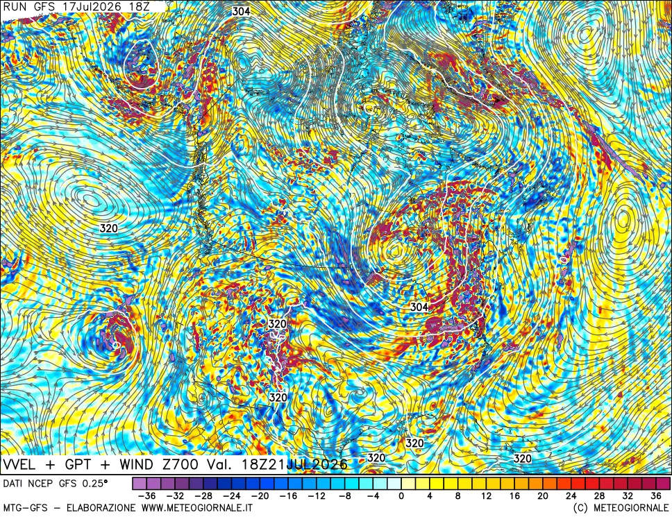 mappa 700 hPa Velocit&agrave; verticiali + GPT + Vento