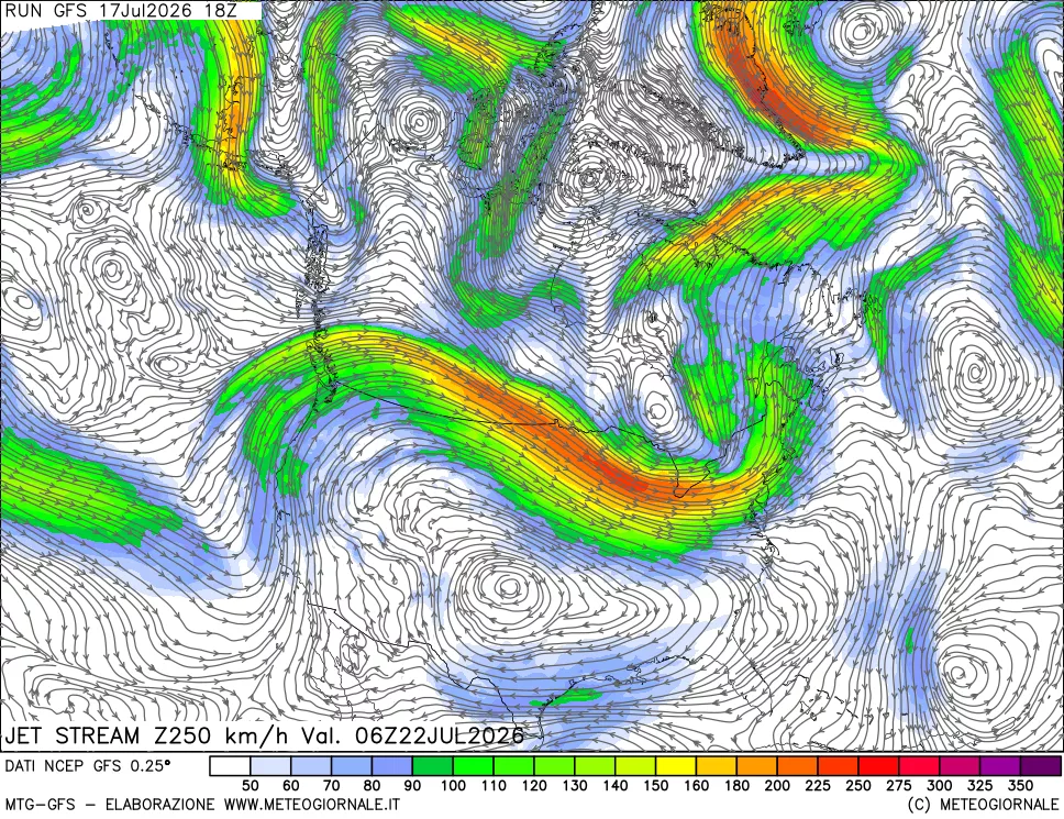 mappa 250 hPa Jet stream