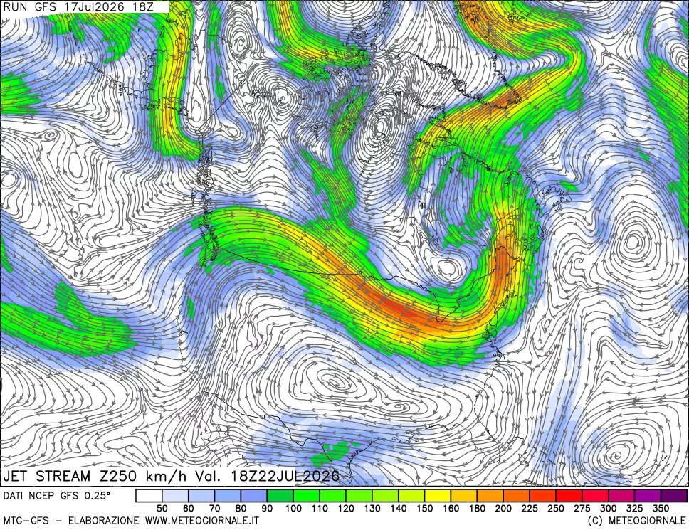 mappa 250 hPa Jet stream