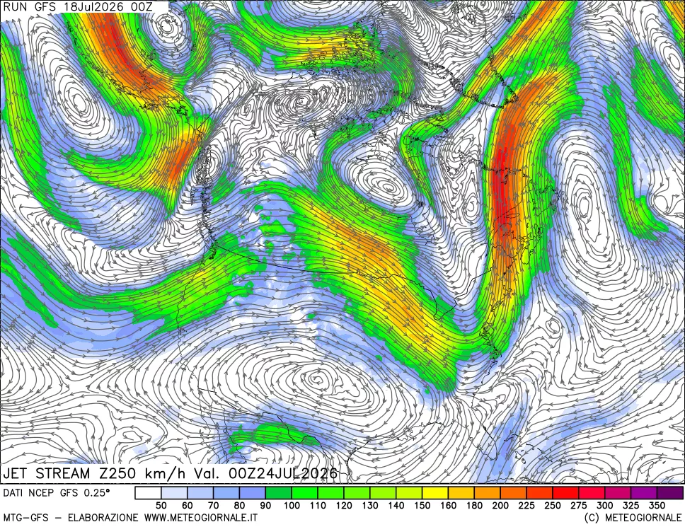 mappa 250 hPa Jet stream
