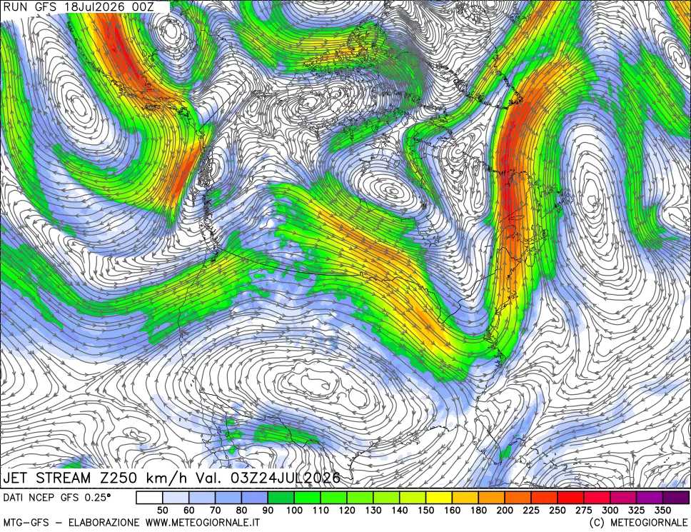 mappa 250 hPa Jet stream