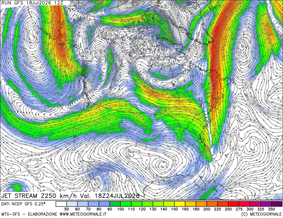 mappa 250 hPa Jet stream