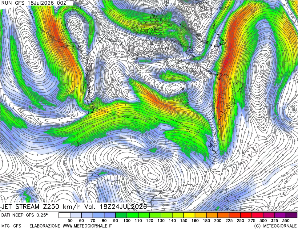 mappa 250 hPa Jet stream