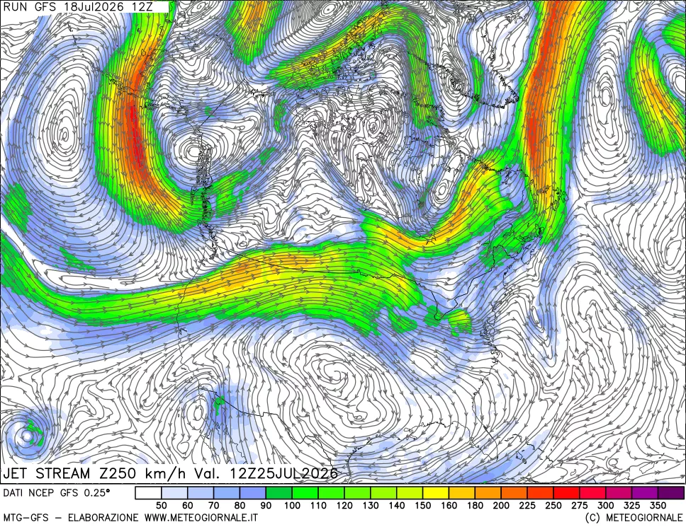 mappa 250 hPa Jet stream