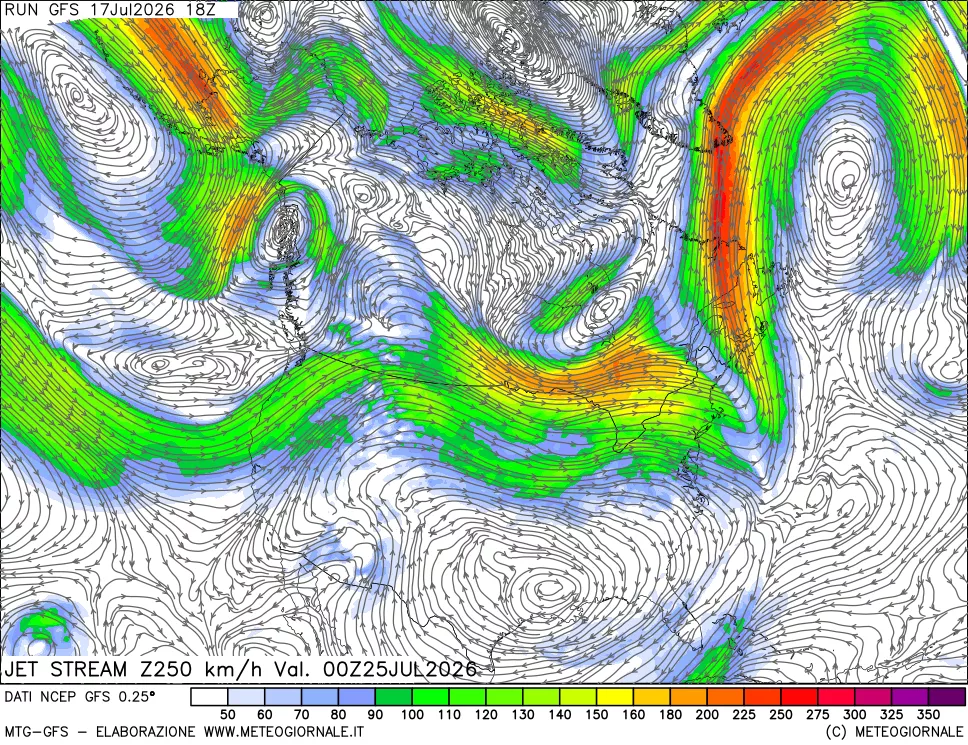 mappa 250 hPa Jet stream