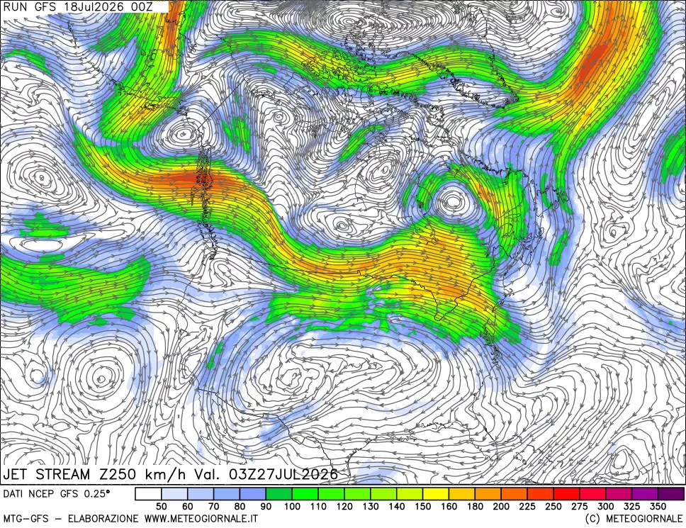 mappa 250 hPa Jet stream