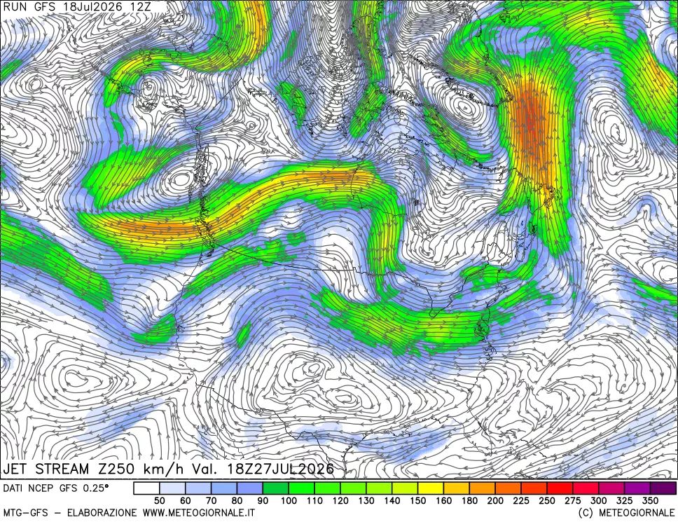 mappa 250 hPa Jet stream