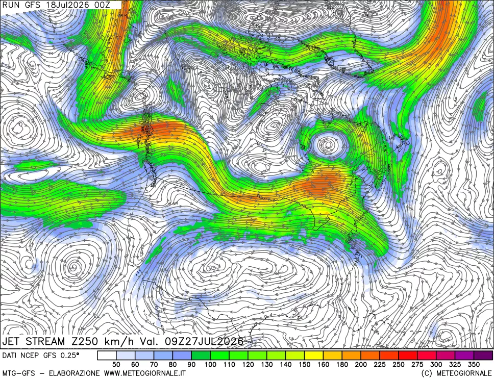 mappa 250 hPa Jet stream