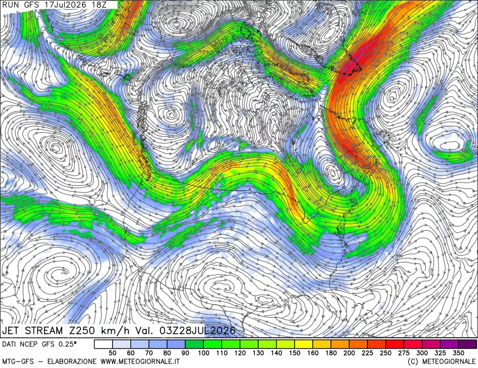 mappa 250 hPa Jet stream