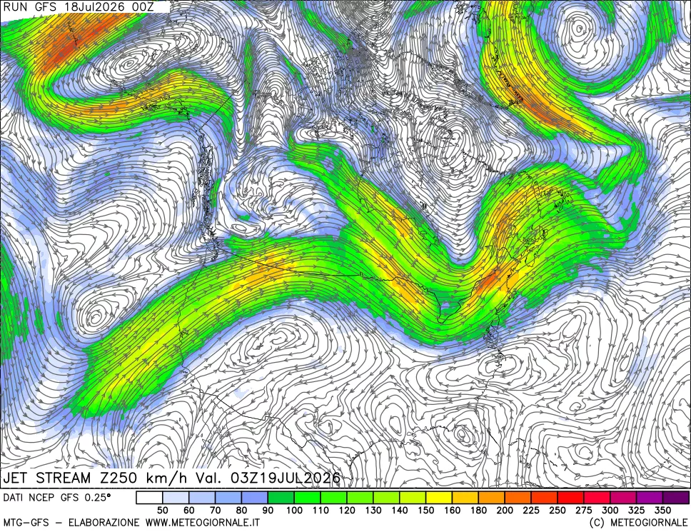 mappa 250 hPa Jet stream