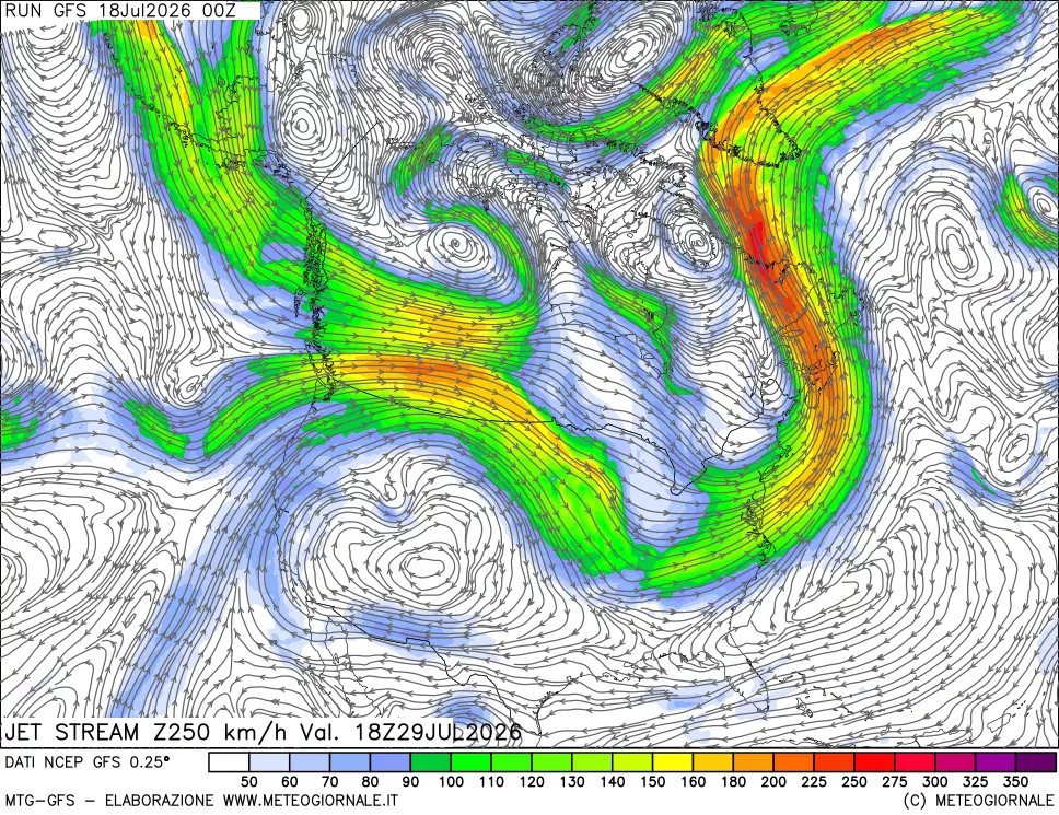 mappa 250 hPa Jet stream