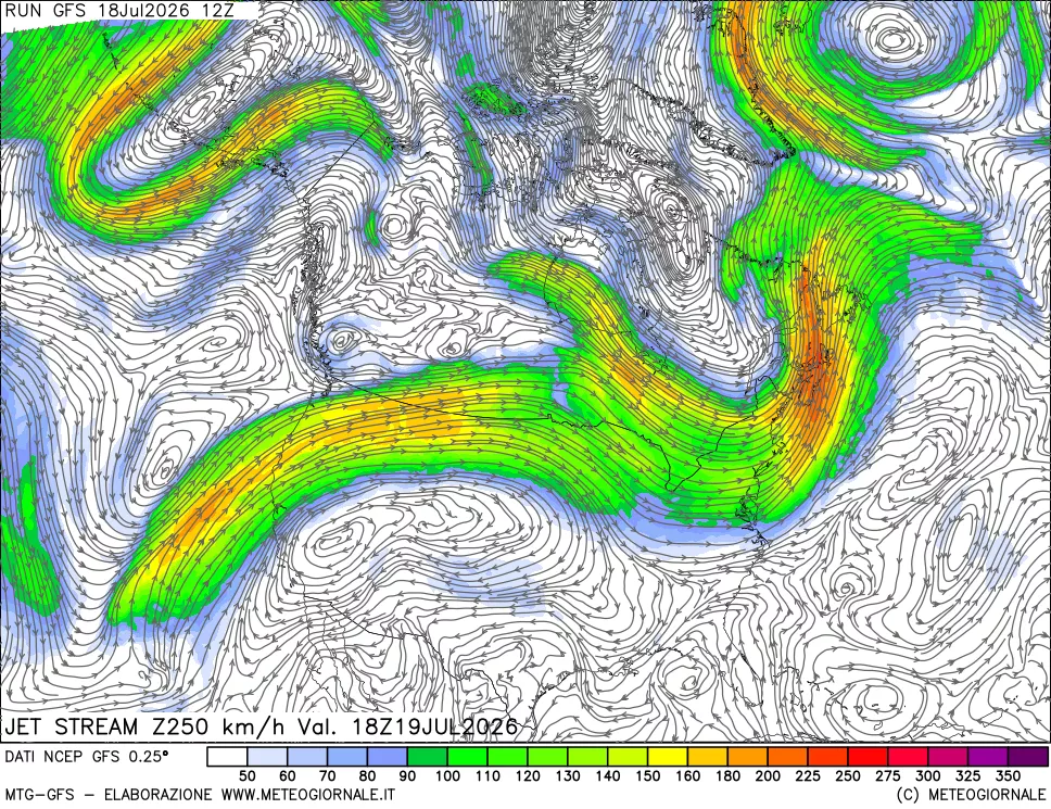 mappa 250 hPa Jet stream