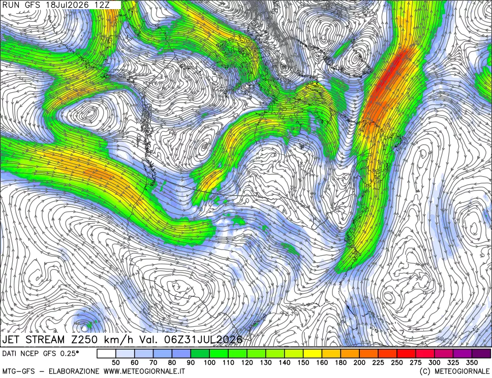 mappa 250 hPa Jet stream