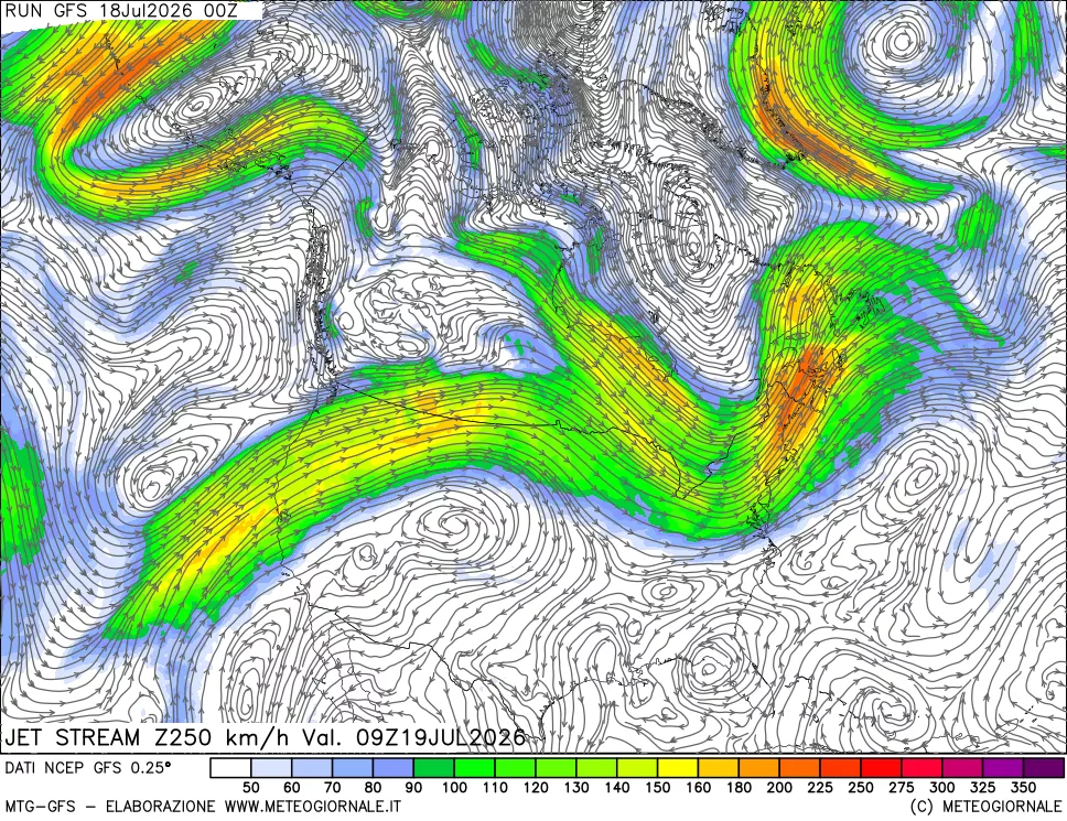 mappa 250 hPa Jet stream