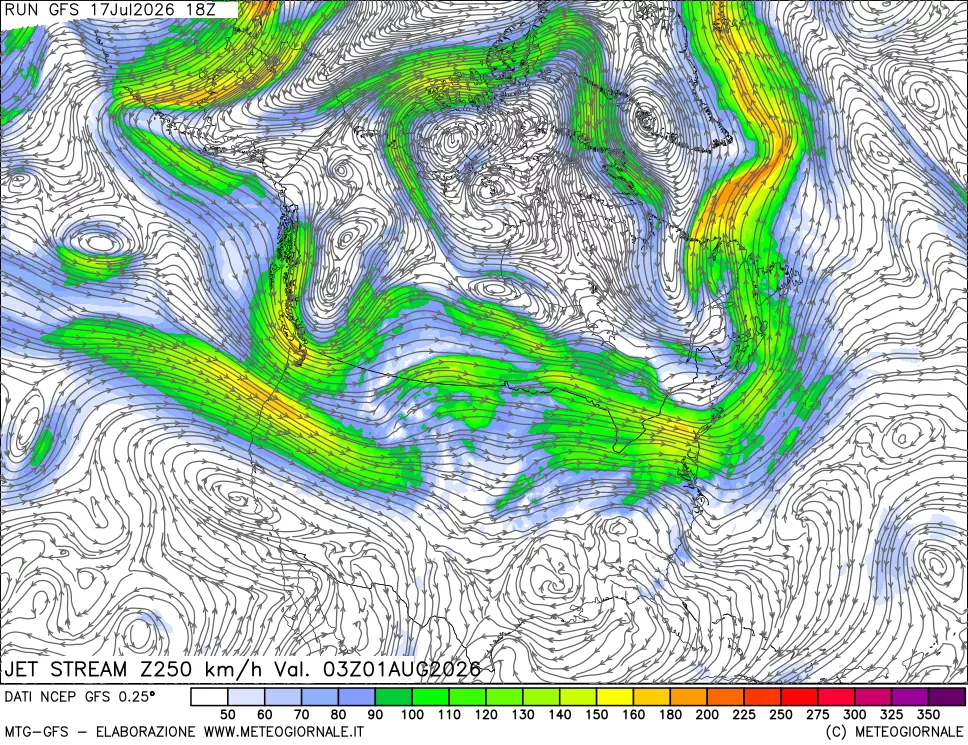 mappa 250 hPa Jet stream