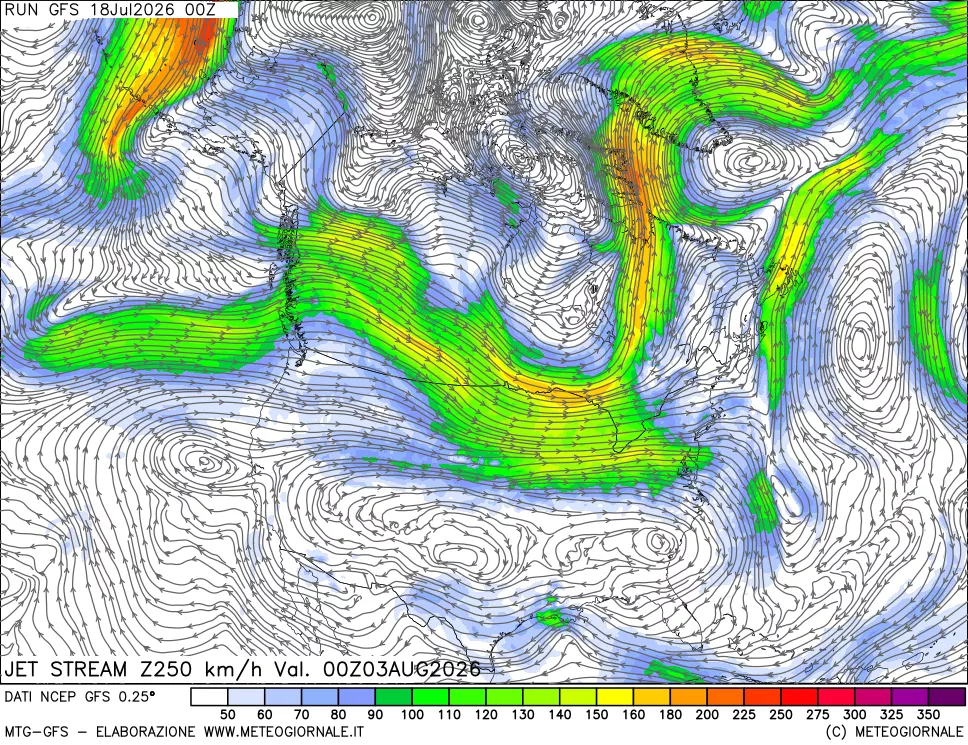 mappa 250 hPa Jet stream