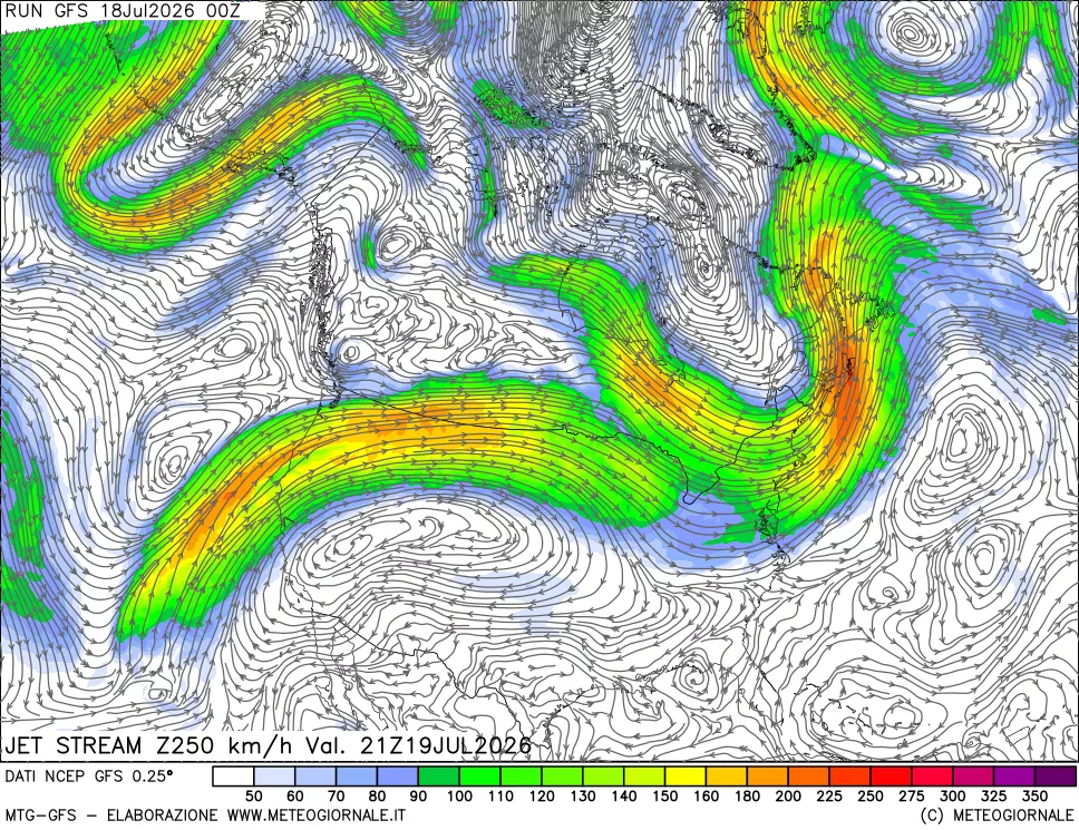 mappa 250 hPa Jet stream