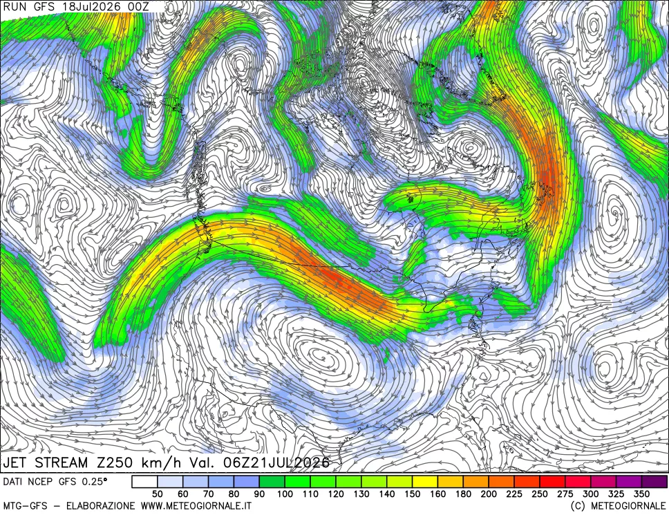 mappa 250 hPa Jet stream