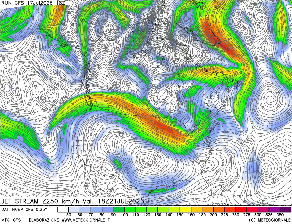 mappa 250 hPa Jet stream