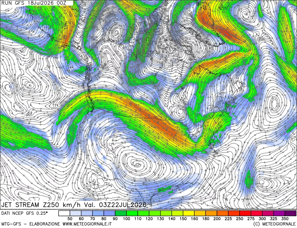 mappa 250 hPa Jet stream