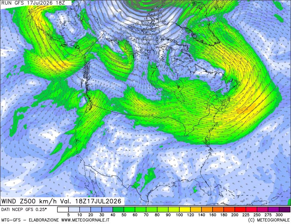 mappa 500 hPa Vento forza e direzione