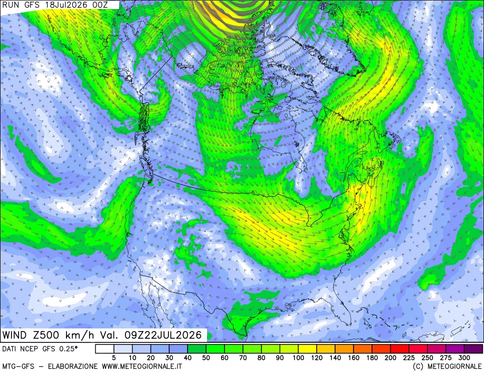 mappa 500 hPa Vento forza e direzione