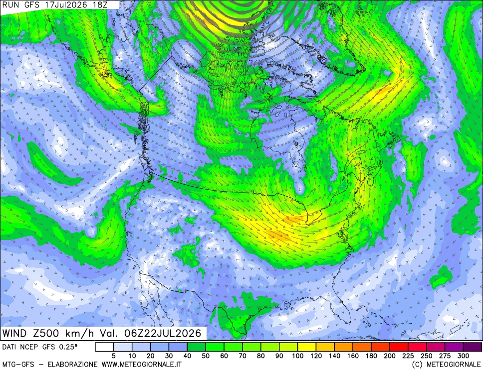 mappa 500 hPa Vento forza e direzione