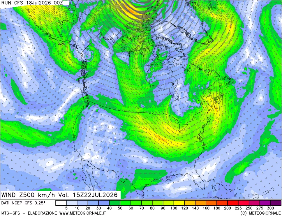 mappa 500 hPa Vento forza e direzione