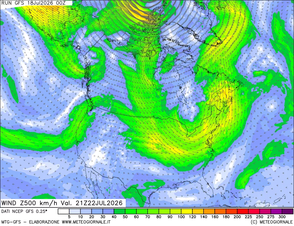 mappa 500 hPa Vento forza e direzione