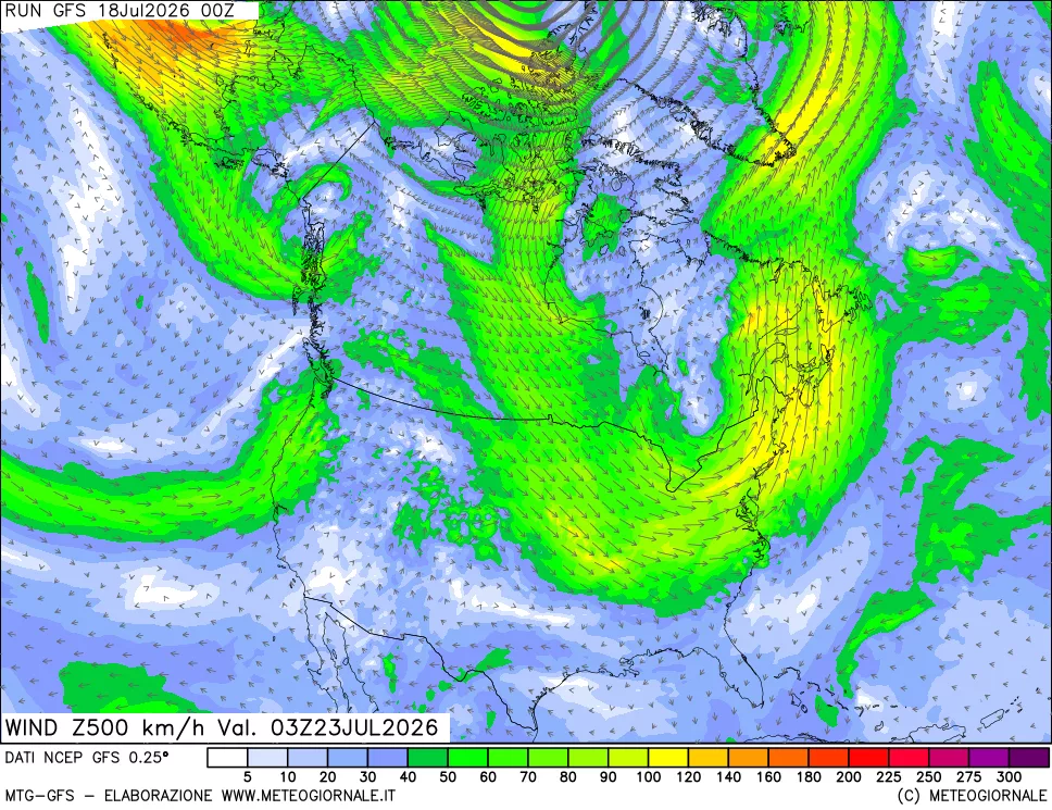 mappa 500 hPa Vento forza e direzione