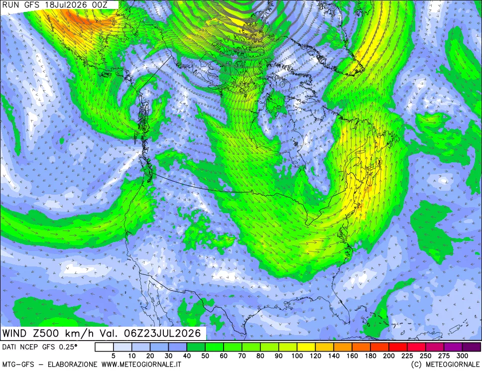 mappa 500 hPa Vento forza e direzione
