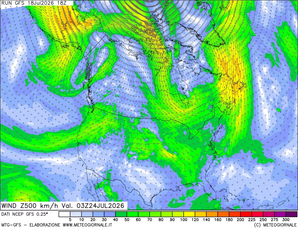 mappa 500 hPa Vento forza e direzione
