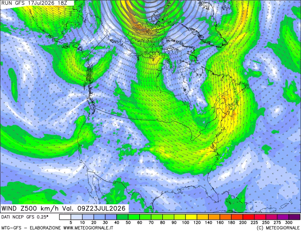 mappa 500 hPa Vento forza e direzione
