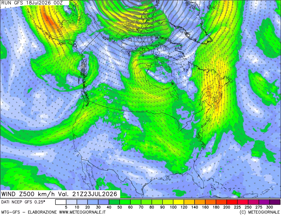 mappa 500 hPa Vento forza e direzione