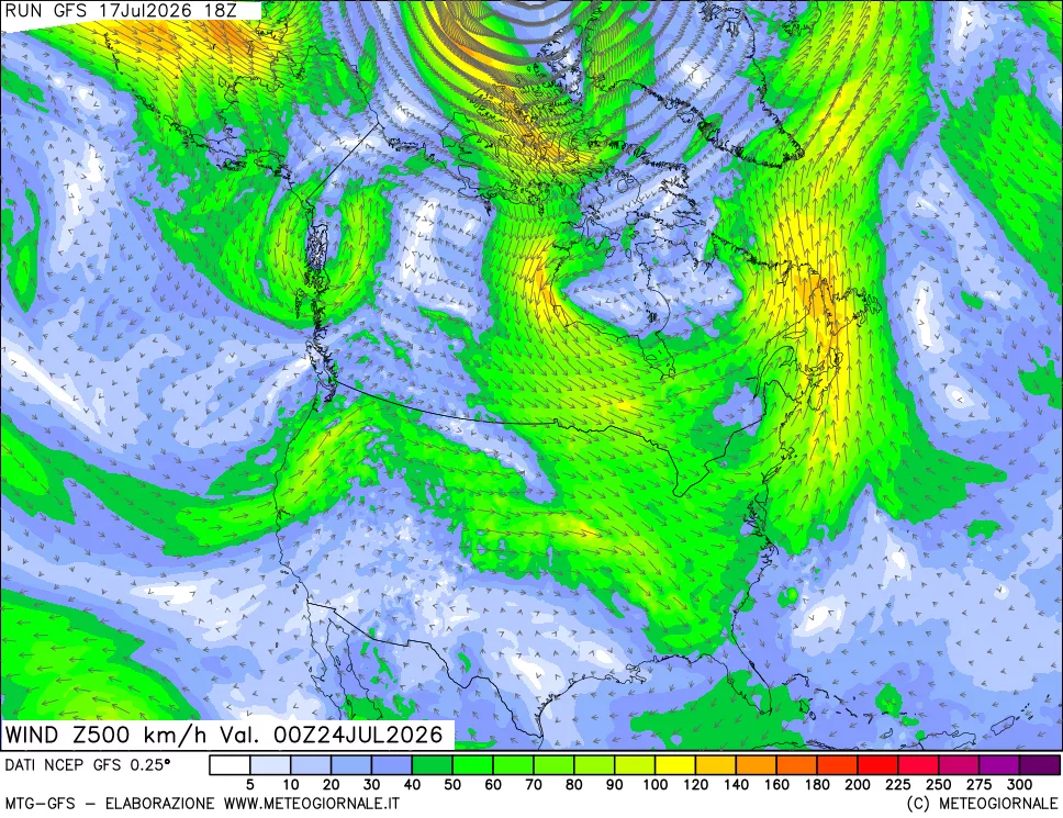 mappa 500 hPa Vento forza e direzione