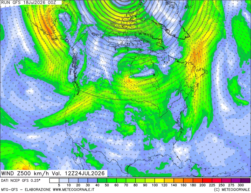 mappa 500 hPa Vento forza e direzione