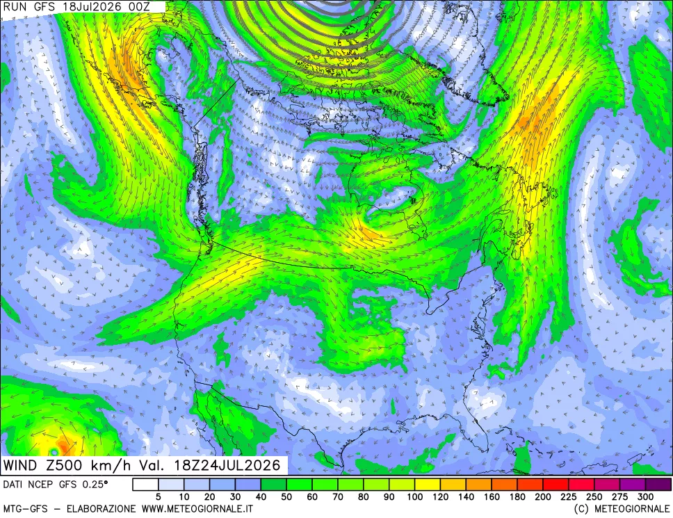 mappa 500 hPa Vento forza e direzione