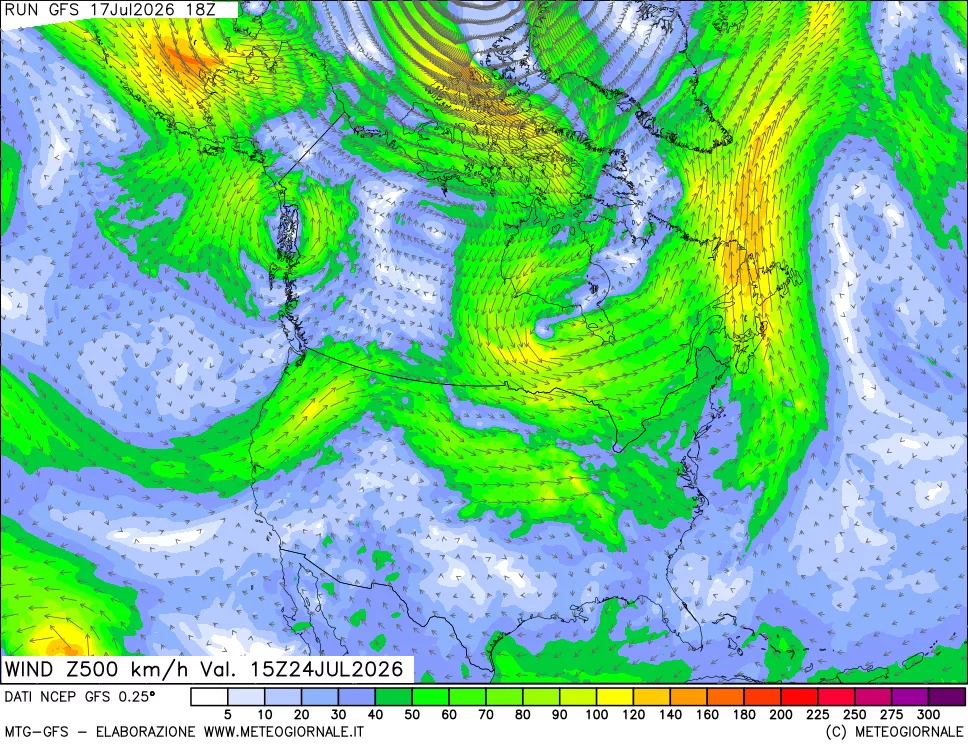 mappa 500 hPa Vento forza e direzione