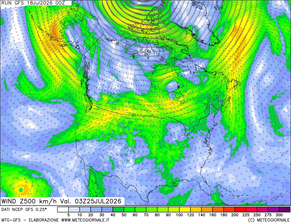 mappa 500 hPa Vento forza e direzione