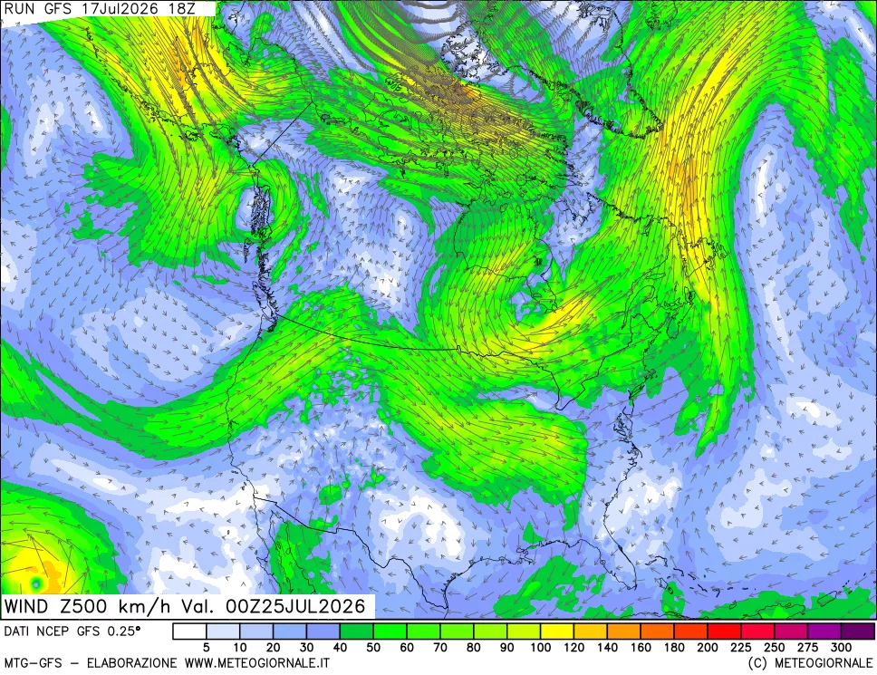 mappa 500 hPa Vento forza e direzione