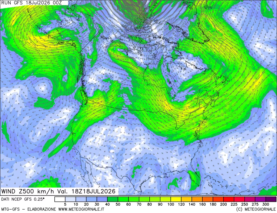 mappa 500 hPa Vento forza e direzione