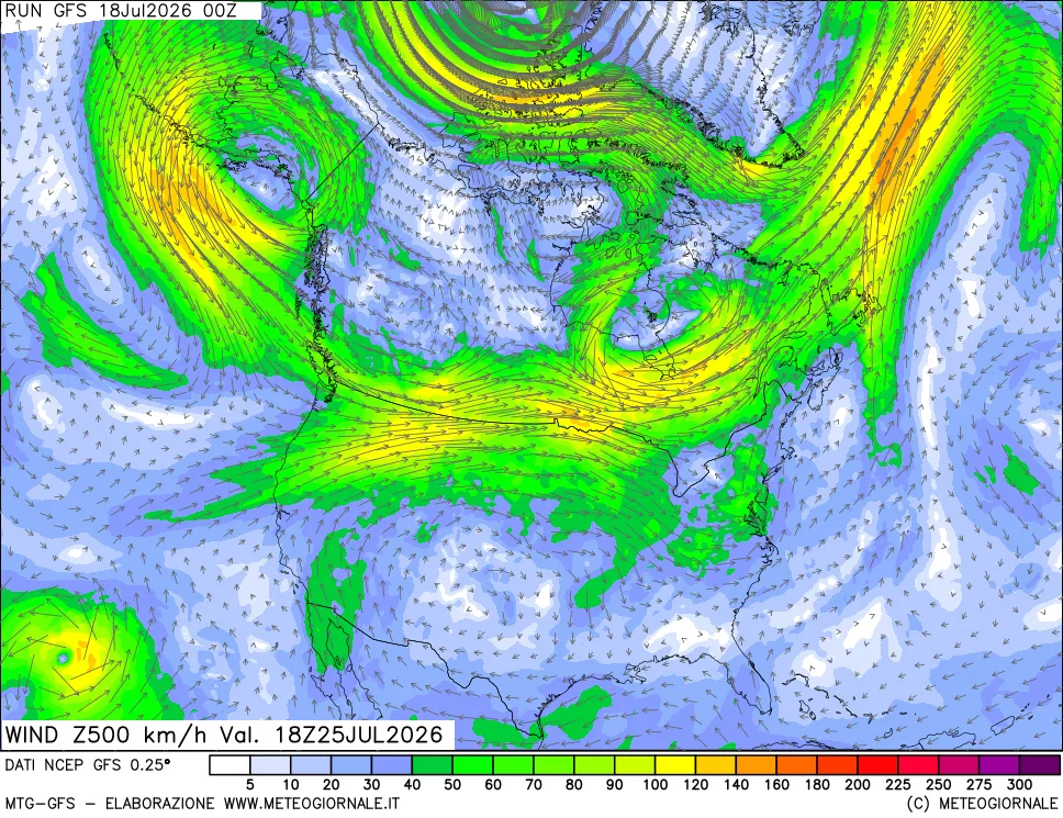 mappa 500 hPa Vento forza e direzione