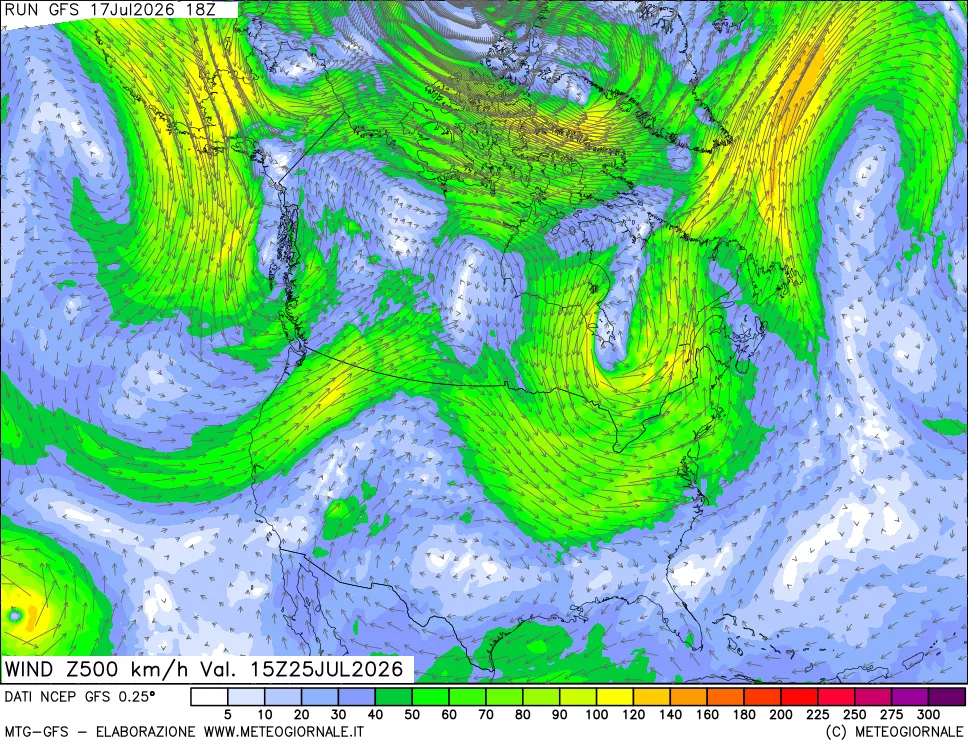 mappa 500 hPa Vento forza e direzione