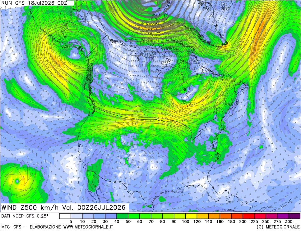 mappa 500 hPa Vento forza e direzione