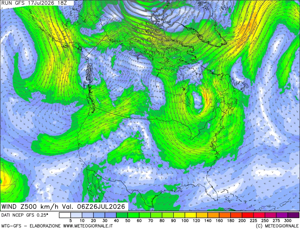 mappa 500 hPa Vento forza e direzione
