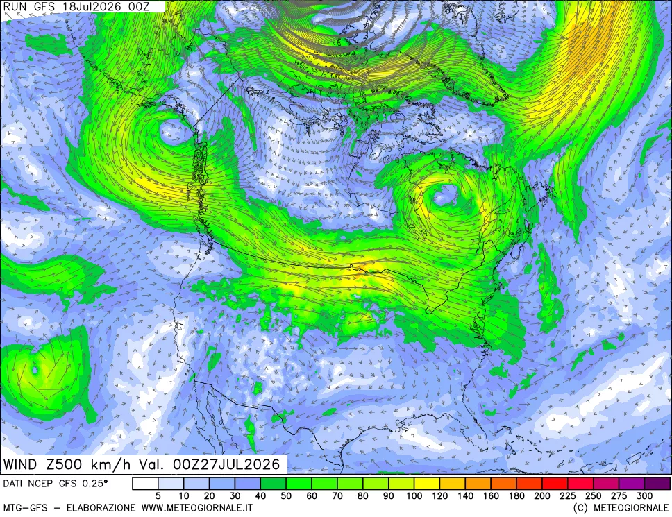 mappa 500 hPa Vento forza e direzione