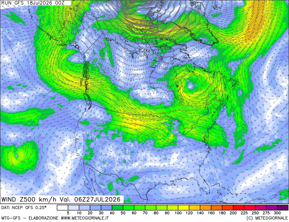 mappa 500 hPa Vento forza e direzione